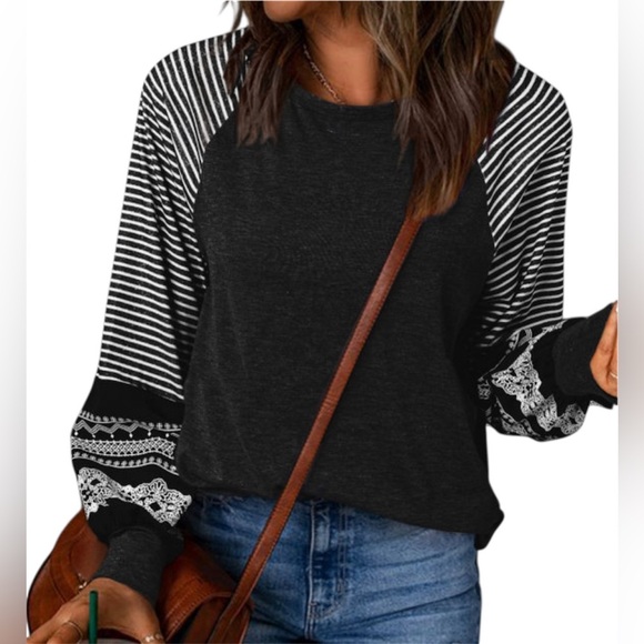 Black Contrast Print Raglan Long Sleeve Top – Striped & Patterned – Sizes S–2XL - Picture 2 of 8